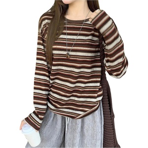image:imageRoseSeek Womens Trendy Striped Long Sleeve T Shirts Casual Color Block Crew Neck Drop Shoulder Streetwear 2025 Fall TopsBrown