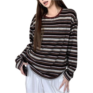 image:imageRoseSeek Womens Trendy Striped Long Sleeve T Shirts Casual Color Block Crew Neck Drop Shoulder Streetwear 2025 Fall TopsBurgundy Striped
