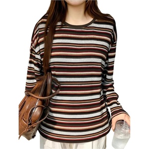 image:imageRoseSeek Womens Trendy Striped Long Sleeve T Shirts Casual Color Block Crew Neck Drop Shoulder Streetwear 2025 Fall TopsRust Brown