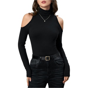 image:imageRoseSeek Womens Turtleneck Cut Out Cold Shoulder Tops Tee Long Sleeve Slim Fit Casual Basic T ShirtBlack