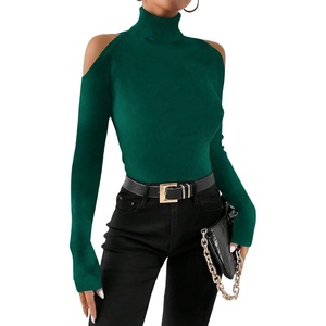 image:imageRoseSeek Womens Turtleneck Cut Out Cold Shoulder Tops Tee Long Sleeve Slim Fit Casual Basic T ShirtDark Deep Green