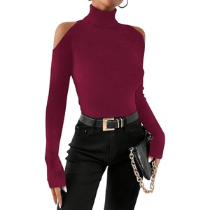 image:imageRoseSeek Womens Turtleneck Cut Out Cold Shoulder Tops Tee Long Sleeve Slim Fit Casual Basic T ShirtDark Red