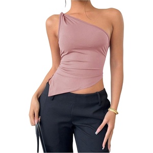 image:imageRoseSeek Womens Twist One Shoulder Tank Top Sleeveless Asymmetrical Hem Fitted Crop TopsDusty Pink
