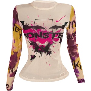 image:imageRoseSeek Womens Y2K Mesh Tops Letter Graphic T Shirt Long Sleeve Crew Neck Tee Party Going Out TopsBeige Pink
