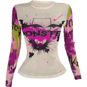 image:imageRoseSeek Womens Y2K Mesh Tops Letter Graphic T Shirt Long Sleeve Crew Neck Tee Party Going Out TopsBeige Purple
