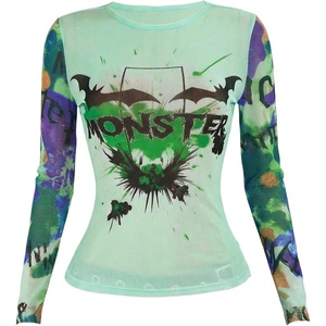 image:imageRoseSeek Womens Y2K Mesh Tops Letter Graphic T Shirt Long Sleeve Crew Neck Tee Party Going Out TopsMulticolor Green
