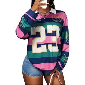 image:imageRoseSeek Womens Y2K Striped Long Sleeve Golf Shirts Star Letter Print Loose Fit Shirt StreetwearMulticolor Striped