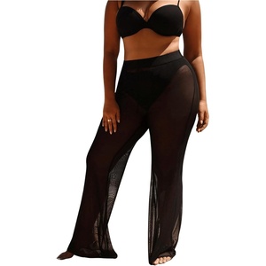image:imageWomens Plus Size Beach Pants Sheer Mesh Swimsuit Coverup High Waisted Bikini Cover Up BottomsBlack